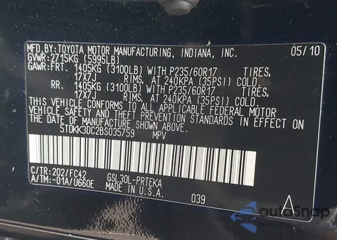 2011 Toyota Sienna Le V6/Le V6 Auto Access Seat from USA, damaged, VIN 5TDKK3DC2BS035759